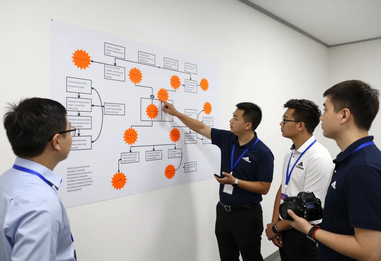 Team reviewing a large hand-drawn value stream map on a wall, marked with orange kaizen-burst stickies at improvement points
