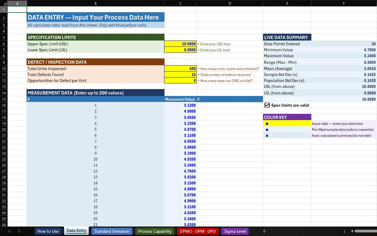 Six Sigma quality calculator suite data entry tab thumbnail